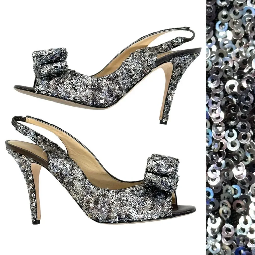 KATE SPADE Charm Micro Sequin Silver Slingback Pumps Heels Peep Toe Bow 8